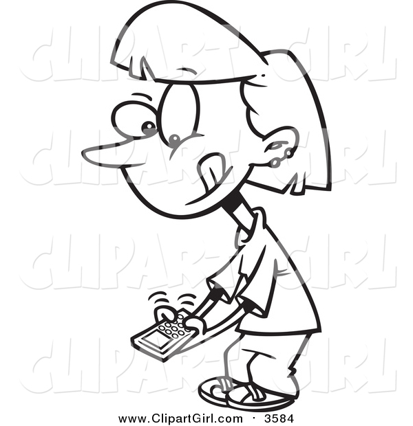Clip Art of a Lineart Little Girl Texting on a Cell Phone
