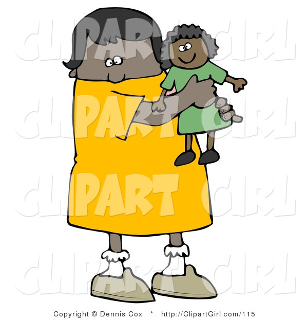 Clip Art of a Little Black Girl Child Holding and Hugging Her Doll Toy While Playing