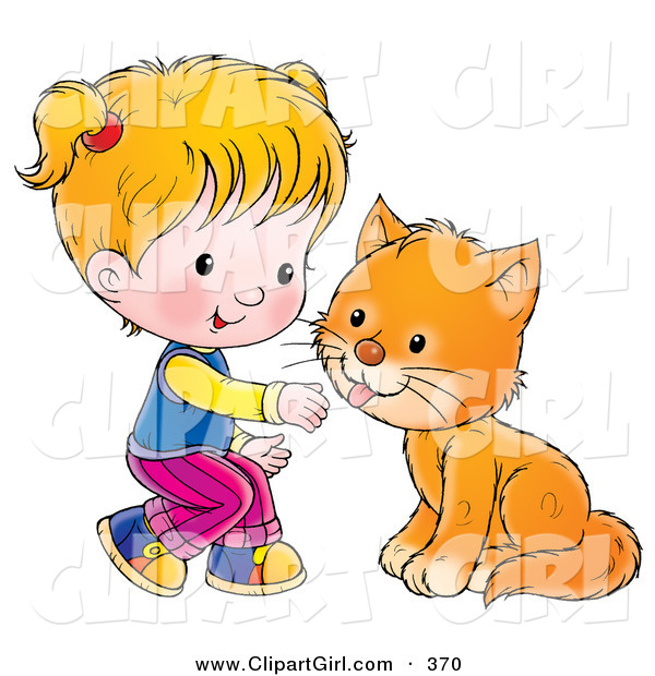 Clip Art of a Little Blond Girl Crouching to Pet a Cat on White