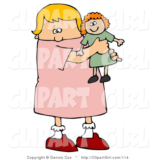 Clip Art of a Little Blond White Girl Child Holding and Hugging Her Red Haired Doll Toy While Playing
