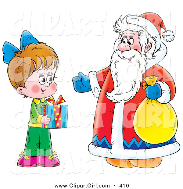 Clip Art of a Little Girl Holding a Gift While Standing with Santa