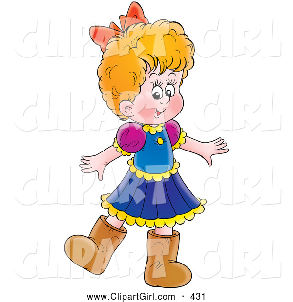 Clip Art of a Little Girl in a Dress and Brown Boots, on White