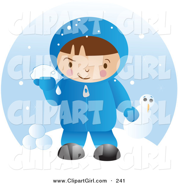 Clip Art of a Little White Boy in Winter Clothing, up to Mischief and Preparing to Throw Snowballs After Making a Snowman on a Winter Day