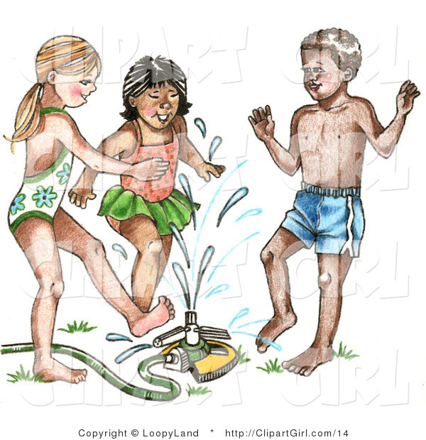 Clip Art of a Mixed Race Trio of Children Playing in a Sprinkler on a Hot Summer Day