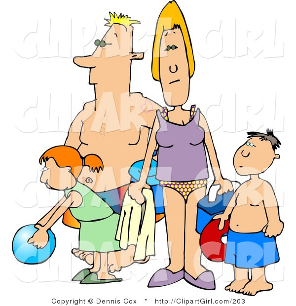 Clip Art of a Mom and Dad at the Beach with Their Two Children