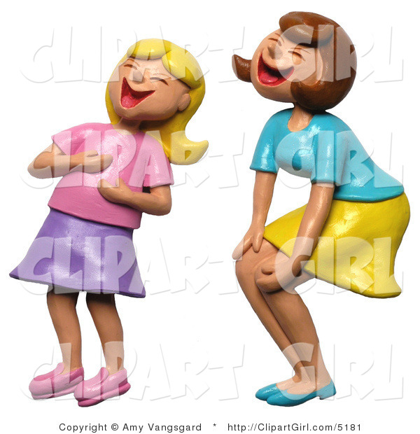 Clip Art of a Mother and Daughter or Older and Younger Sister Laughing at Something Funny