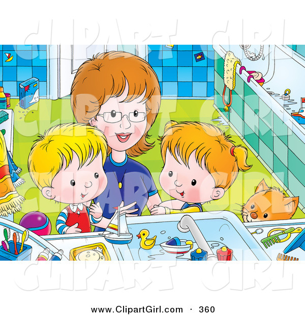 Clip Art of a Mother Bending down to Help Her Children, a Boy and Girl, Clean Themselves up in a Bathroom