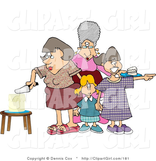 Clip Art of a Mother Cutting Her Young Daughter's Birthday Cake