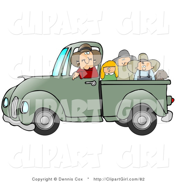 Clip Art of a Nice Caucasian Farmer Man Driving and Giving a Dog, a Boy, a Girl and a Man a Ride in His Truck Bed