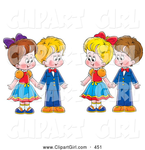Clip Art of a Painting of Two Couples, Boys and Girls, Holding Hands
