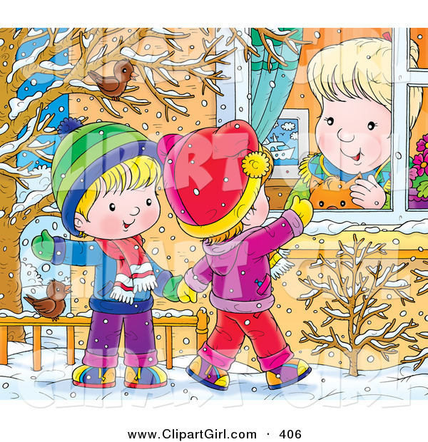 Clip Art of a Pair of Birds in a Tree, Watching Children Wave to a Woman in a Window While Playing Outside in the Snow in Winter