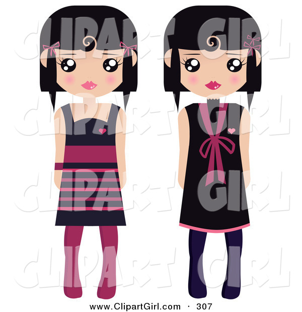 Clip Art of a Pair of Black Haired Female Paper Dolls in Black and Pink Dresses and Tights