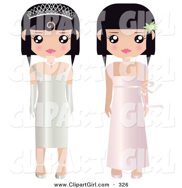 Clip Art of a Pair of Black Haired Female Paper Dolls in Formal White and Pink Prom or Wedding Dresses and Gowns, One Girl Wearing a Tiara and Gloves