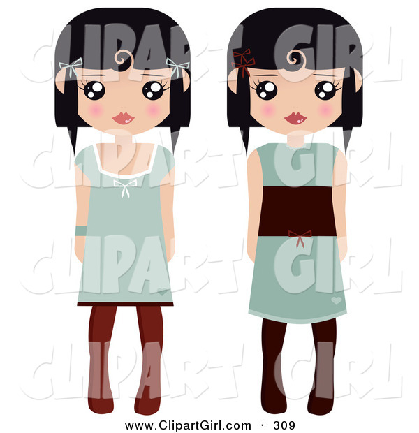 Clip Art of a Pair of Black Haired Female Paper Dolls in Green Dresses and Black and Brown Tights