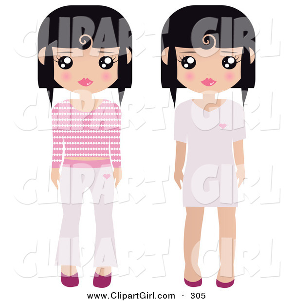 Clip Art of a Pair of Black Haired Female Paper Dolls Pink and White Shoes, Dresses, Pants and Shirts