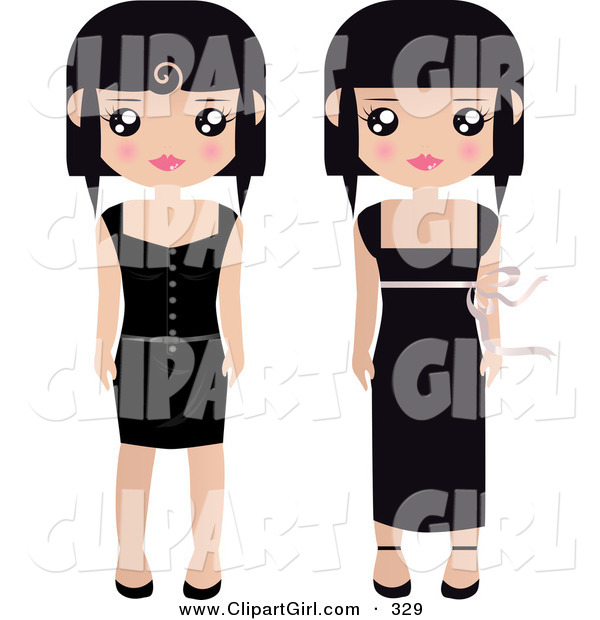 Clip Art of a Pair of Black Haired Female Paper Formal and Casual Black Dresses, One Long and One Short