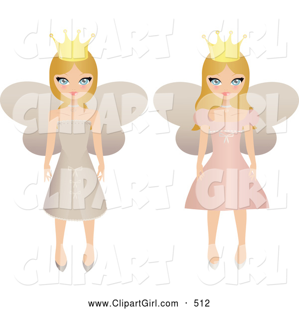 Clip Art of a Pair of Blond Fairy Princesses in Beige and Pink Dresses, Wearing Crowns