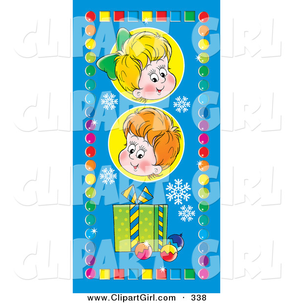 Clip Art of a Pair of Happy Children with a Gift and Ornaments, on a Blue Background with Snowflakes, Bordered by Colorful Squares and Circles