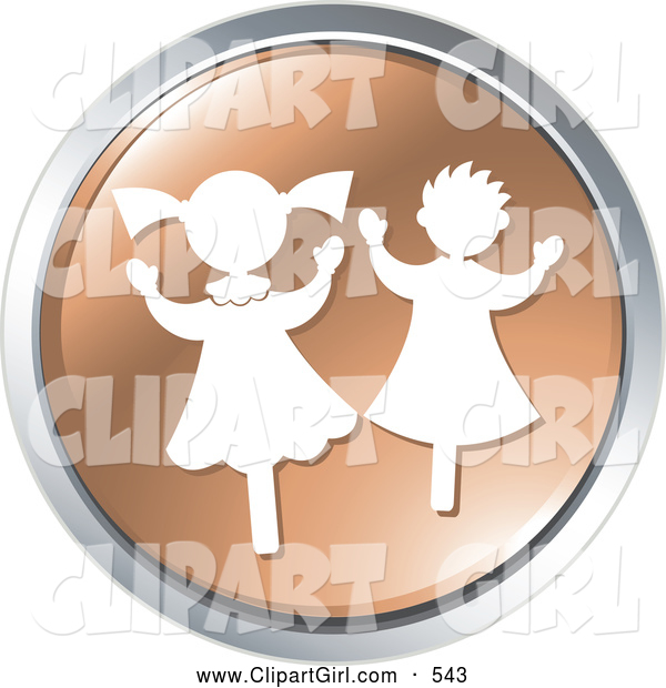 Clip Art of a Pair of Happy Dancing Children on a Brown Website Button