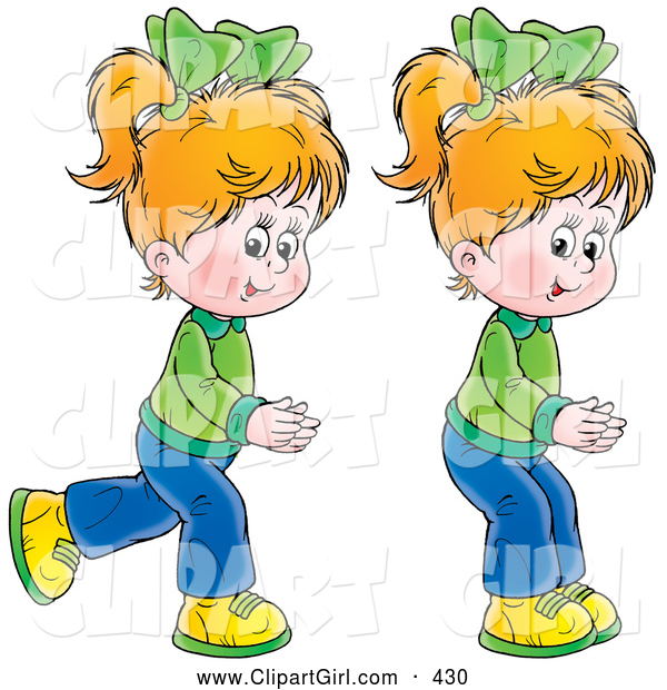 Clip Art of a Pair of Happy Little Blond Girls, Twins, Running and Playing