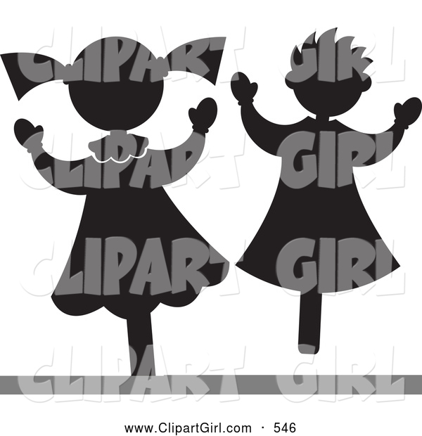Clip Art of a Pair of Happy Little Girls or Stick Puppets