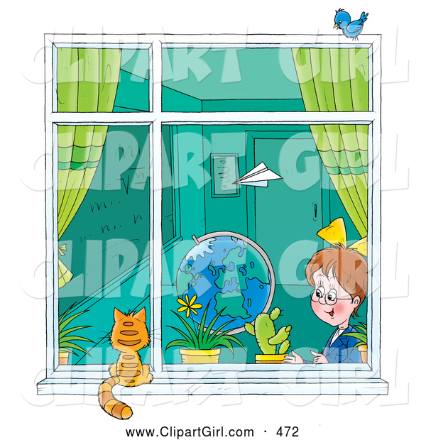 Clip Art of a Paper Airplane Flying past a School Girl in a Classroom As She Looks out a Window at a Cat