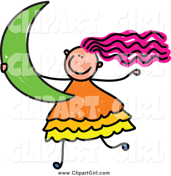 Clip Art of a Pink Haired Girl Carrying a Crescent Moon