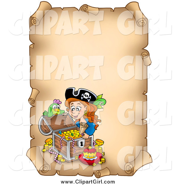 Clip Art of a Pirate Girl an Aged Vertical Parchment Page