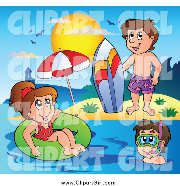 Clip Art of a Playful White Summer Kids with a Surfboard Innertube and Snorkel Gear
