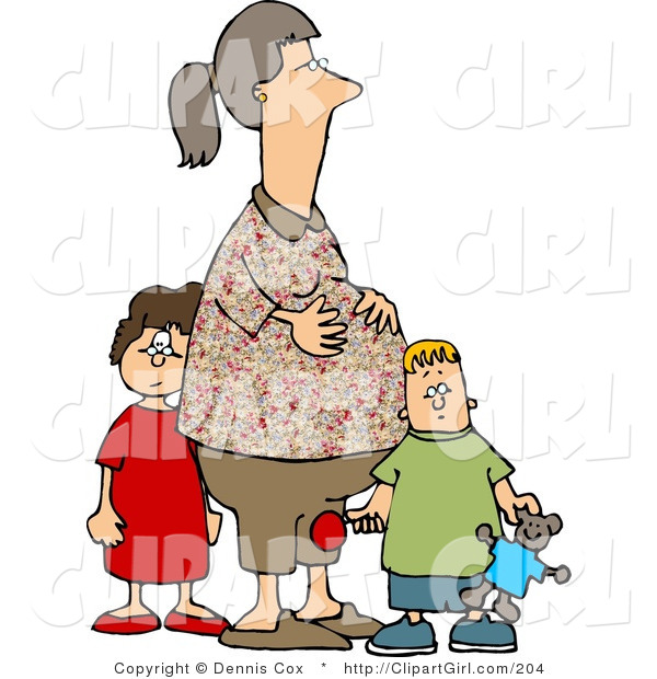Clip Art of a Pregnant Woman Holding Her Belly and Standing with Her Son and Daughter