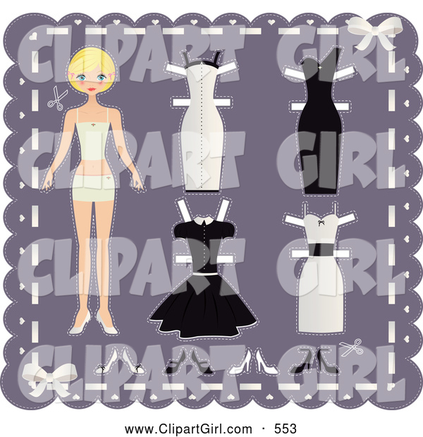 Clip Art of a Pretty Blond Teenage Girl Paper Doll on a Purple Background with Cutout Dresses and Shoes