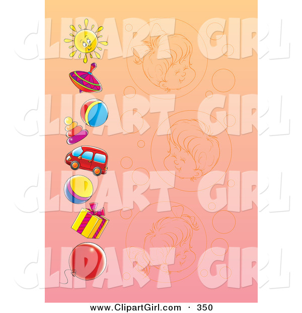 Clip Art of a Pretty Gradient Background with Faded Portraits of Girls and a Boy and a Border of Toys and a Sun