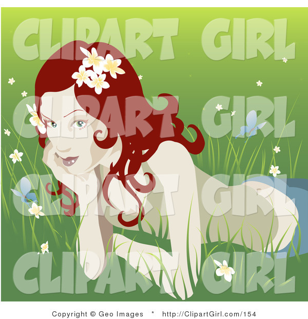 Clip Art of a Pretty Organic Curly Red Haired Woman Lying in the Grass