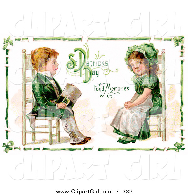 Clip Art of a Pretty Vintage Victorian St Patrick's Day Scene of an Irish Boy and Girl Dressed in Green and Sitting in Chairs Across from Each Other, Circa 1911