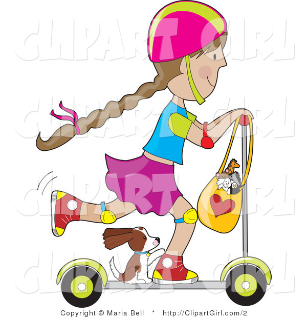 Clip Art of a Puppy Riding on a Scooter with a Little Girl - Royalty Free