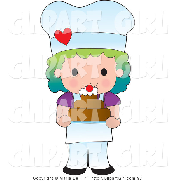 Clip Art of a Rainbow Haired Girl Chef or Baker Holding a Freshly Baked Cake Topped with Cream and a Cherry