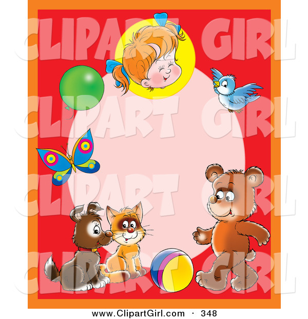 Clip Art of a Red Frame Around a Pink Oval with a Happy Little Girl, Balloon, Butterfly, Bird, Bear, Ball, Cat and Puppy