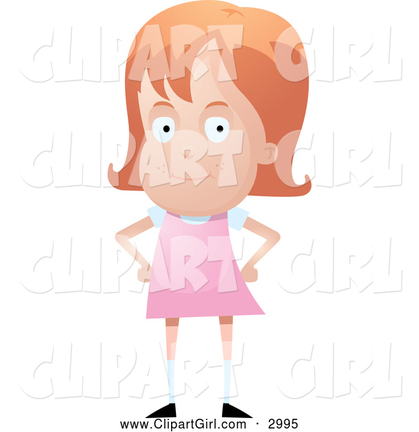 Clip Art of a Red Haired Girl in a Pink Dress