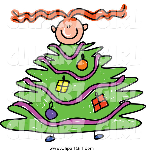 Clip Art of a Red Haired Girl with a Christmas Tree Body