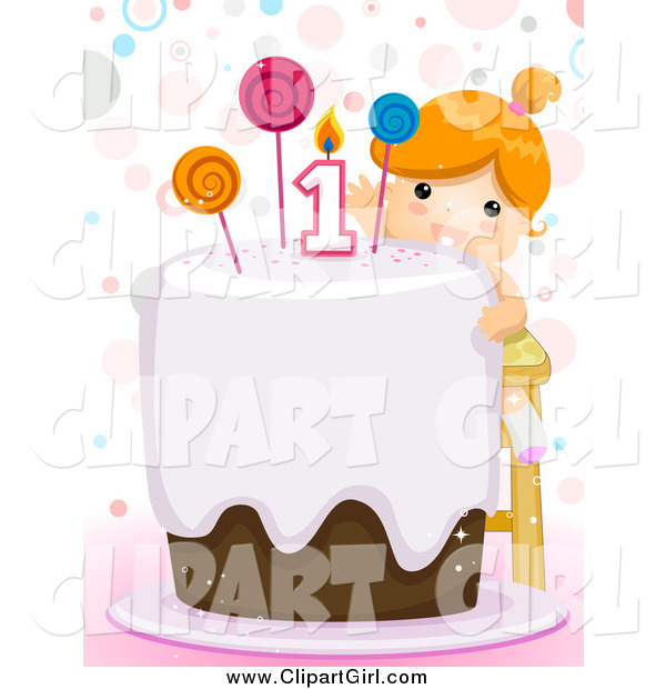 Clip Art of a Red Haired White First Birthday Girl Reaching Towards the Candle on Her Cake