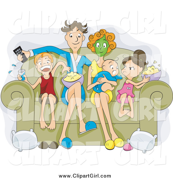 Clip Art of a Relaxed White Family Sitting on a Couch, Eating Popcorn and Watching a Movie on Their Couch