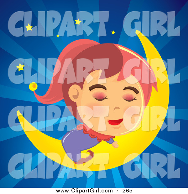 Clip Art of a Relaxing Girl in Pajamas, Sleeping Soundly on a Crescent Moon in a Bursting Blue Night Sky
