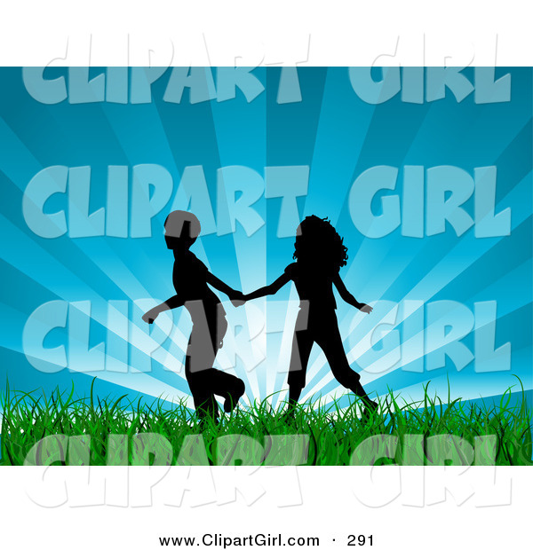 Clip Art of a - Royalty FreeBlack Silhouetted Boy and Girl Holding Hands and Running Through Lush Green Grass with a Bursting Blue Sky Background