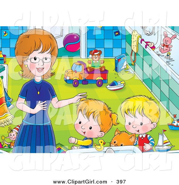 Clip Art of a - Royalty FreeChildren Getting Help from Mom in a Bathroom
