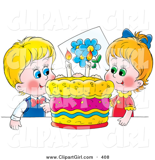 Clip Art of a - Royalty FreeHappy Boy and Girl, Twins, Smiling While Preparing to Blow out Candles on Their Bright, Colorful Birthday Cake