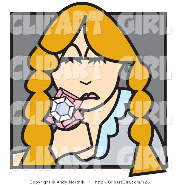 Clip Art of a Sad Blond Woman with Her Hair in Braids, Holding Gems in Her Hands