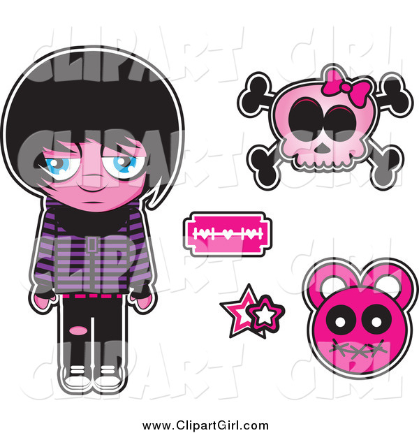 Clip Art of a Sad Emo Kid with a Pink Skull and Design Elements