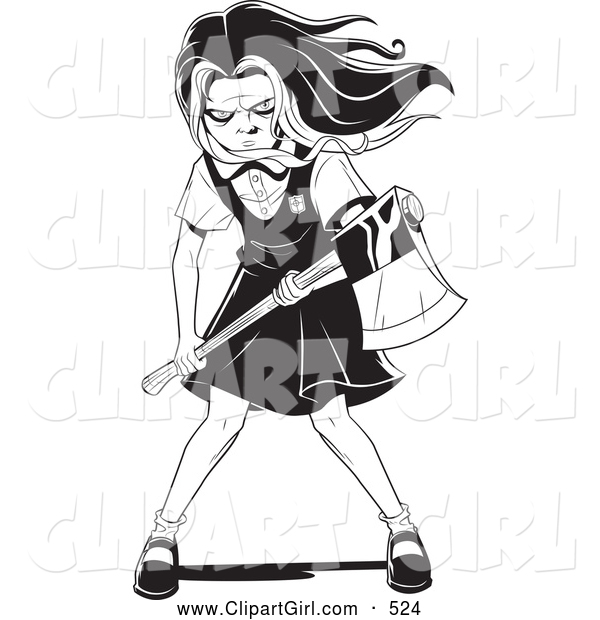 Clip Art of a Scary Evil Young School Girl with Her Hair Waving in the Wind, Holding an Axe and Prepared to Kill