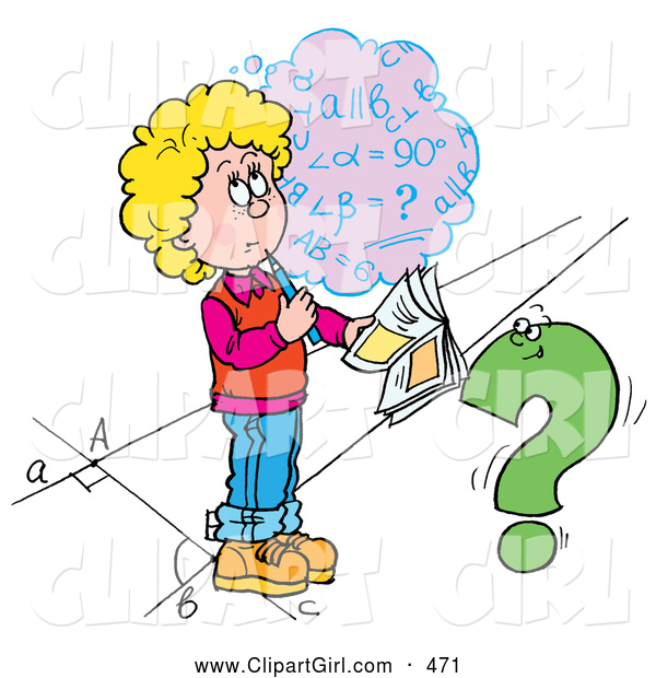 Clip Art of a School Girl Trying to Figure out a Math Problem for Her Homework