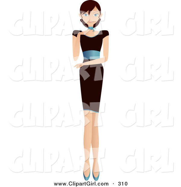 Clip Art of a Sexy, Tall, Brunette White Woman in a Little Black Dress with a Blue Band Around the Waist, Walking Forward in Blue Heels